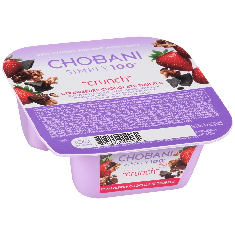 slide 1 of 1, Chobani Simply 100 "Crunch" Strawberry Chocolate Truffle Non-Fat Greek Yogurt, 4.2 oz