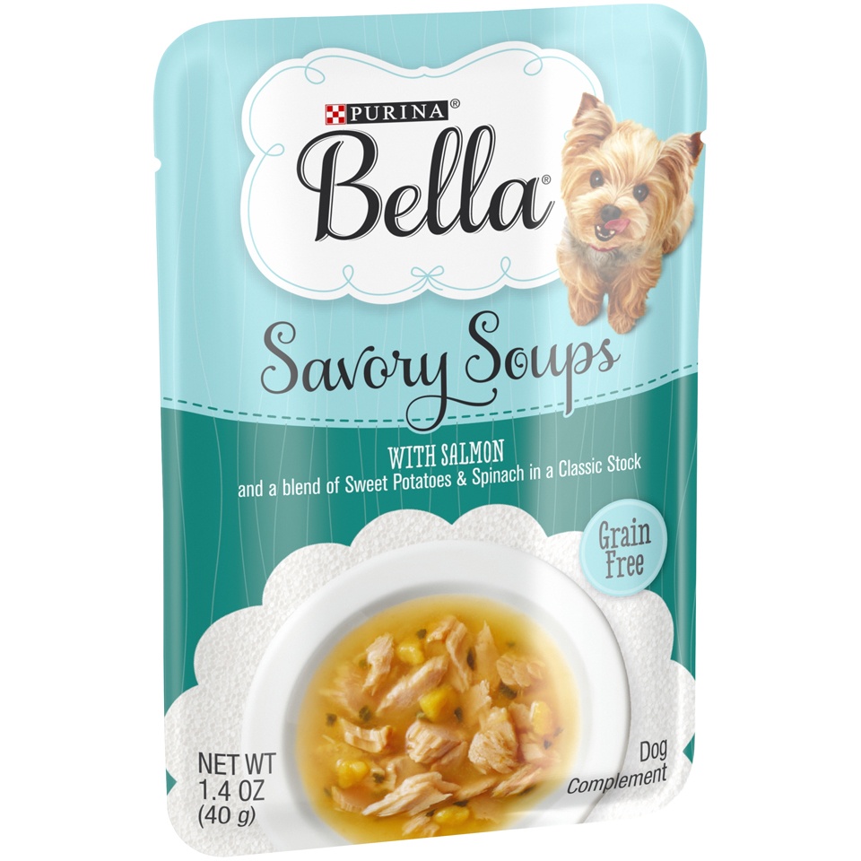 slide 2 of 9, Purina Bella Savory Soups With Salmon And A Blend Of Sweet Potatoes & Spinach, 1.4 oz