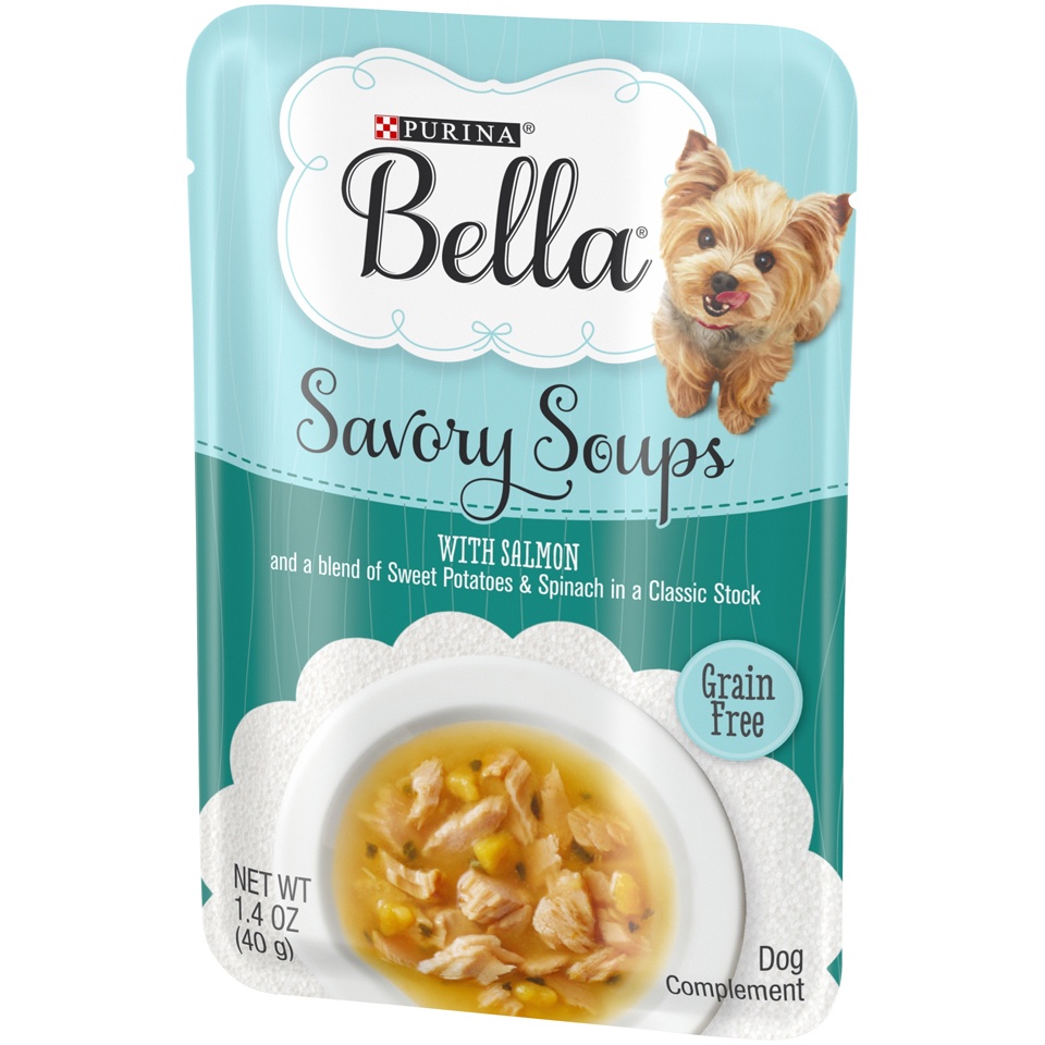 slide 3 of 9, Purina Bella Savory Soups With Salmon And A Blend Of Sweet Potatoes & Spinach, 1.4 oz