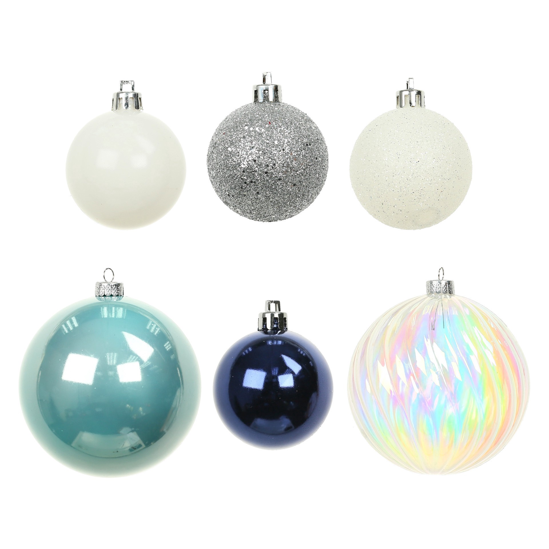 slide 2 of 3, 44 Pack 44mm & 120mm Blue & Silver Shatterproof Ball Ornaments By Ashland, 120 mm