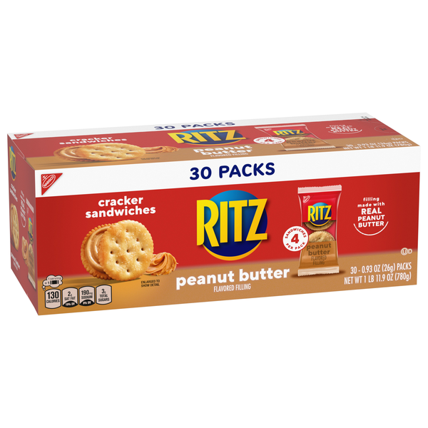 slide 1 of 1, RITZ Peanut Butter Sandwich Crackers, Lunch Snacks, 30 Snack Packs (4 Crackers Per Pack), 27.9 oz