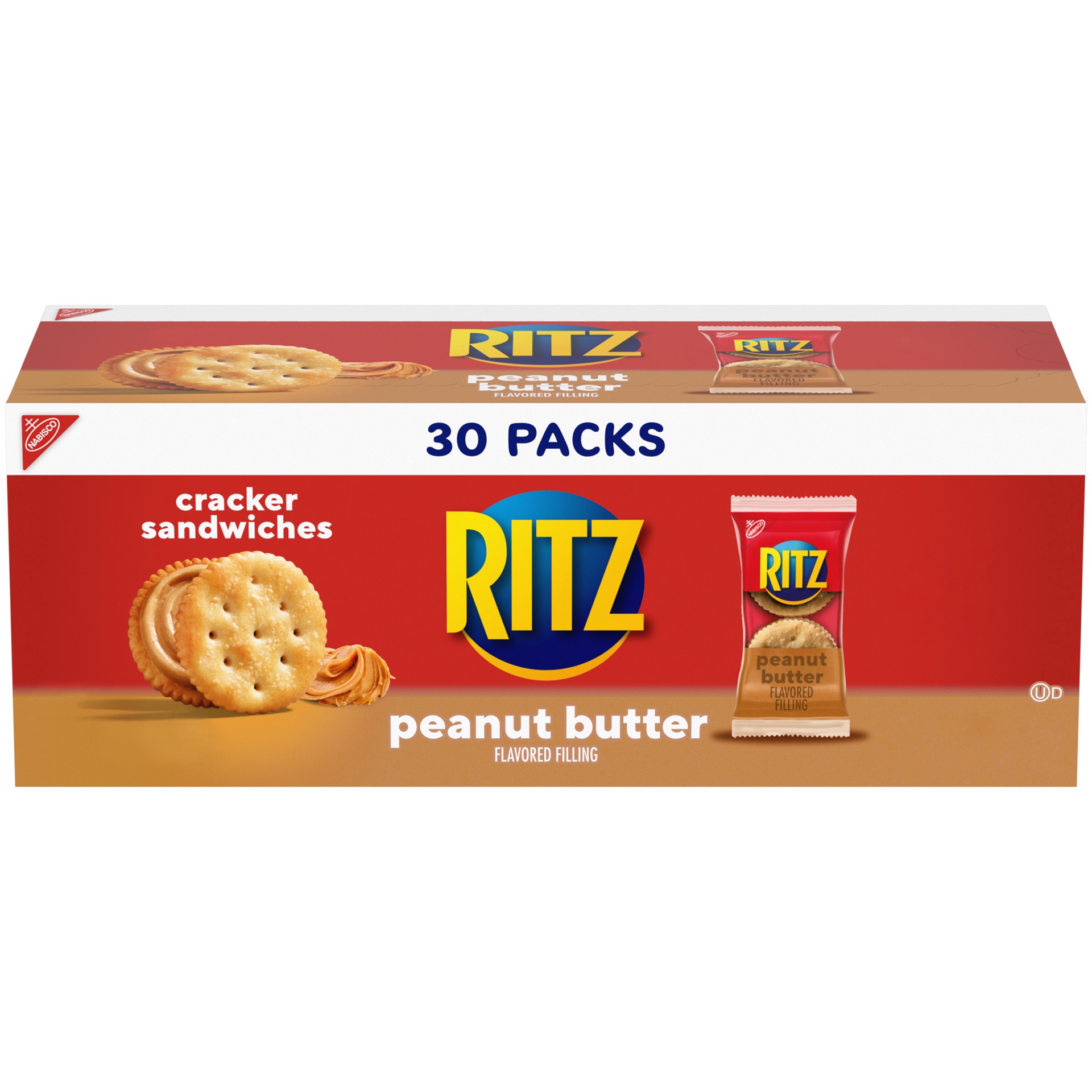 slide 1 of 5, RITZ Peanut Butter Sandwich Crackers, Lunch Snacks, 30 Snack Packs (4 Crackers Per Pack), 27.9 oz