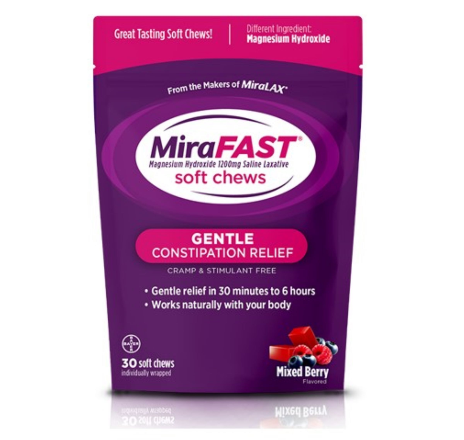 slide 1 of 1, MiraFAST Soft Chews, from the Makers of MiraLAX, Gentle Constipation Relief, Fast Acting Laxative, Mixed Berry Flavor, 30 Ct, 30 ct