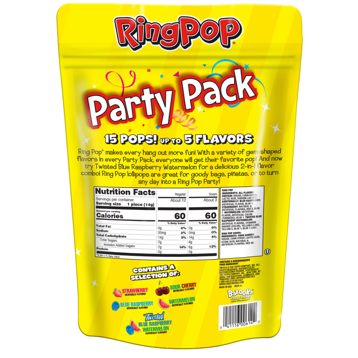 slide 2 of 2, Ring Pop Individually Wrapped Bulk Lollipop Variety Party Pack – 15 Count Lollipop Suckers w/ Assorted Fruity Flavors - Fun Candy Bulk For Party Favors & Goodie Bags, 0.5 oz