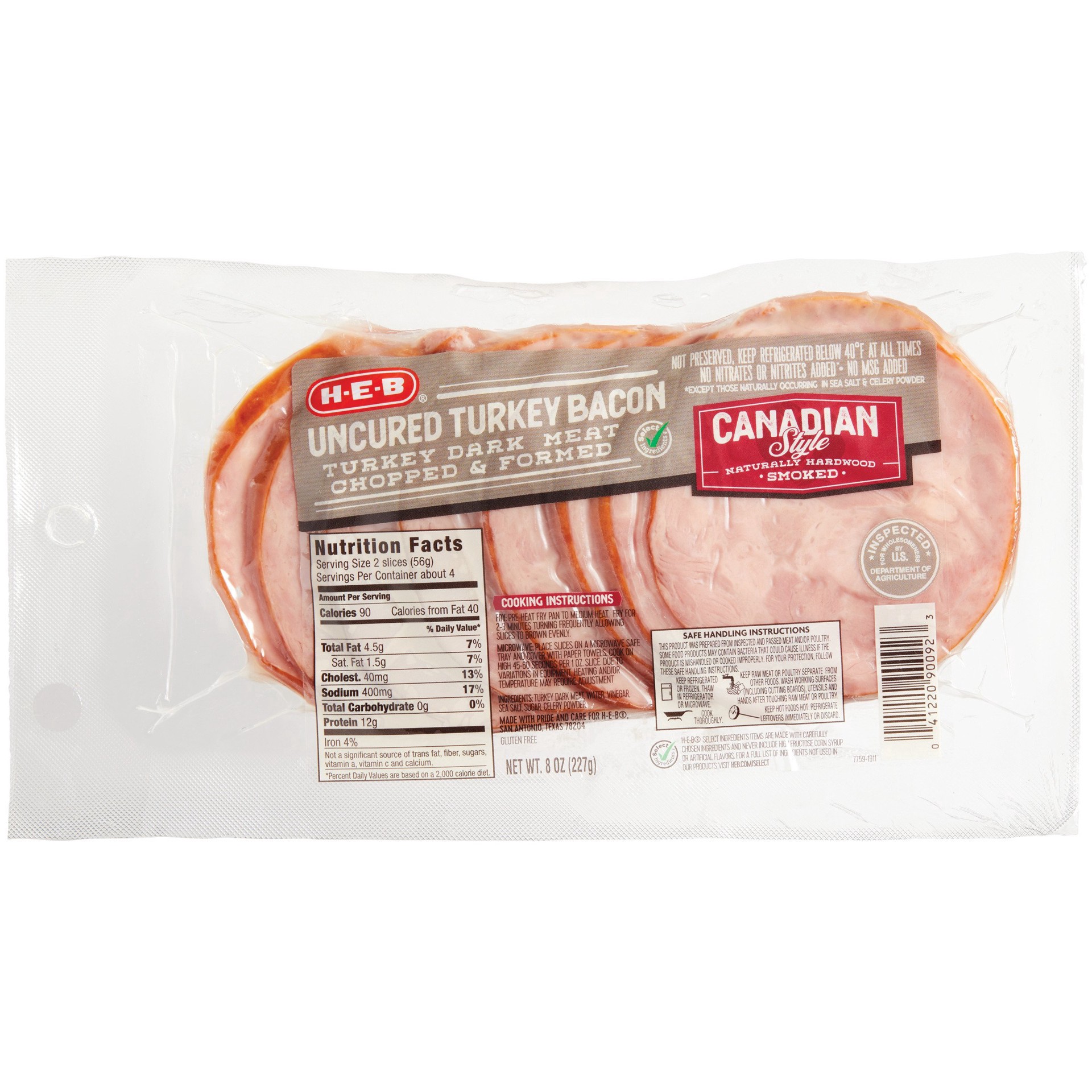 slide 1 of 1, H-E-B Canadian Style Uncured Turkey Bacon, 8 oz