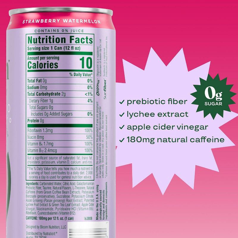 slide 2 of 3, Bloom Strawberry Watermelon Sparkling Energy Drink, 12 fl oz cans, 6 pack, 6 ct