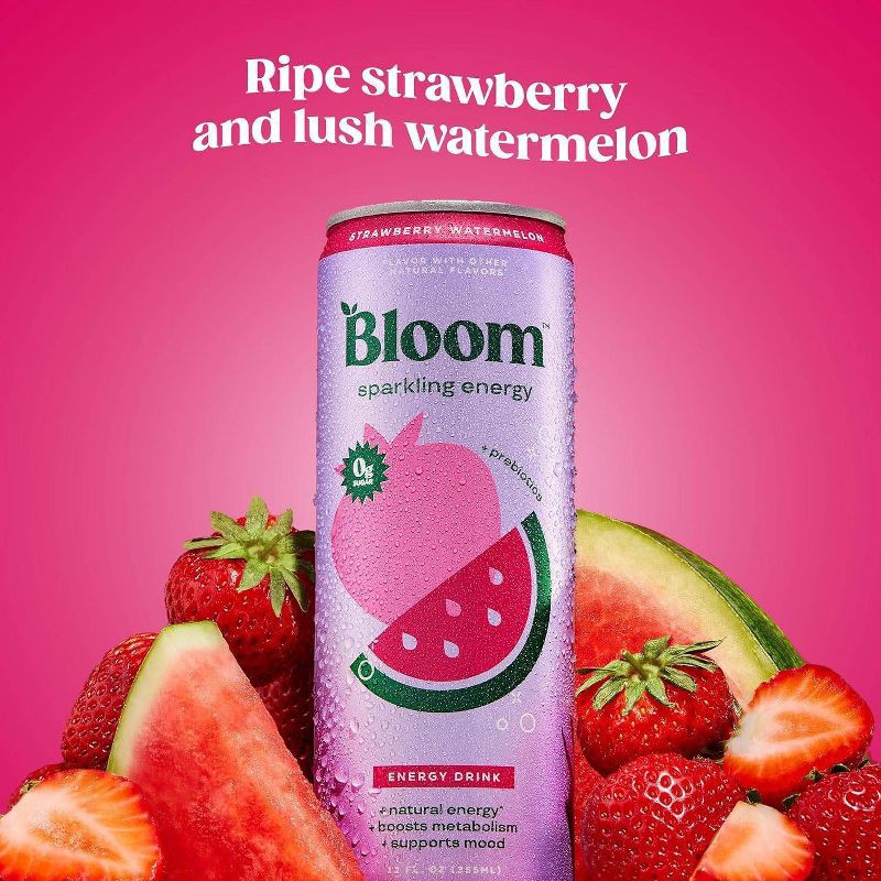 slide 3 of 3, Bloom Strawberry Watermelon Sparkling Energy Drink, 12 fl oz cans, 6 pack, 6 ct