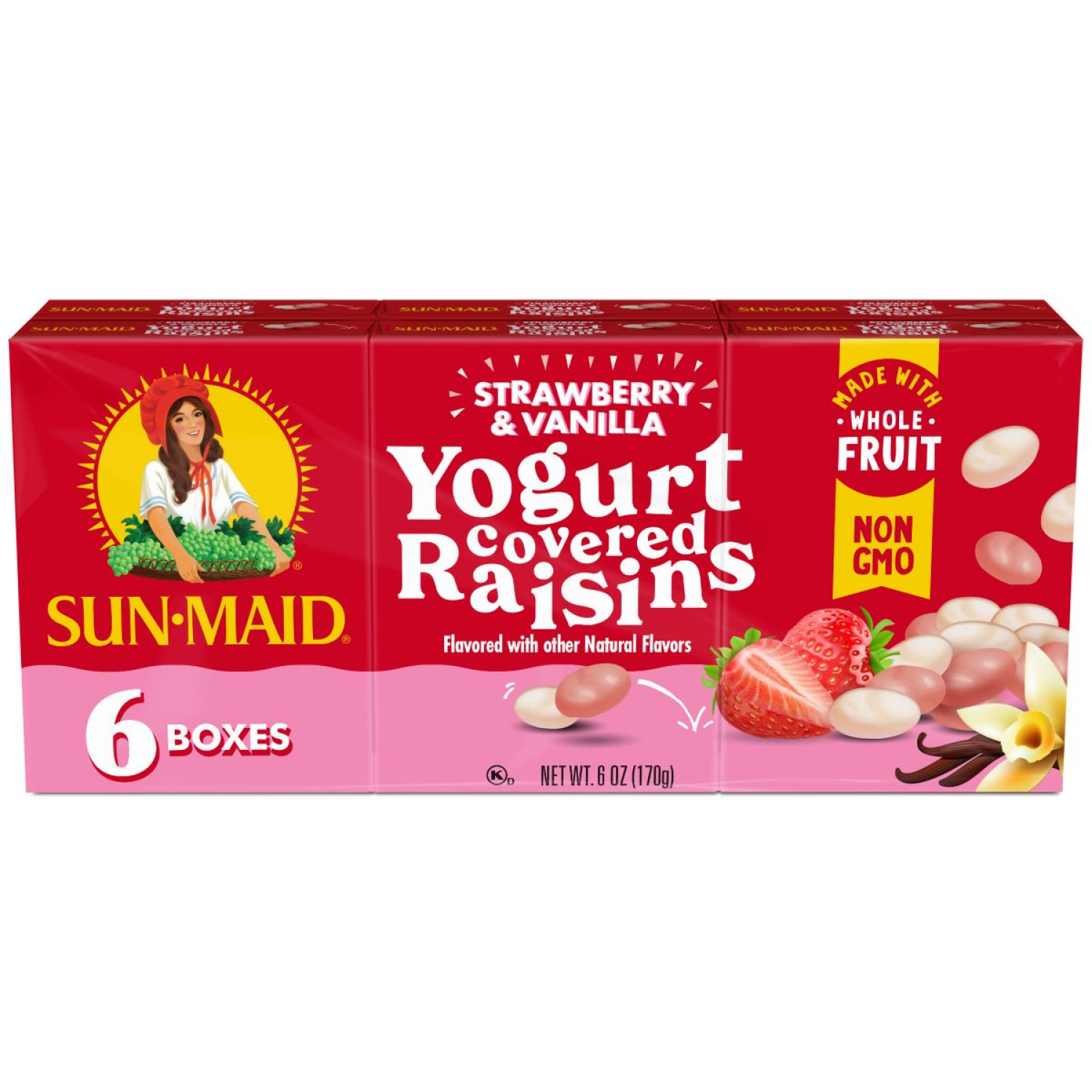 slide 1 of 2, Sun-Maid Strawberry & Vanilla Yogurt Covered Raisins 6-Pack/1oz Cartons, 6 oz