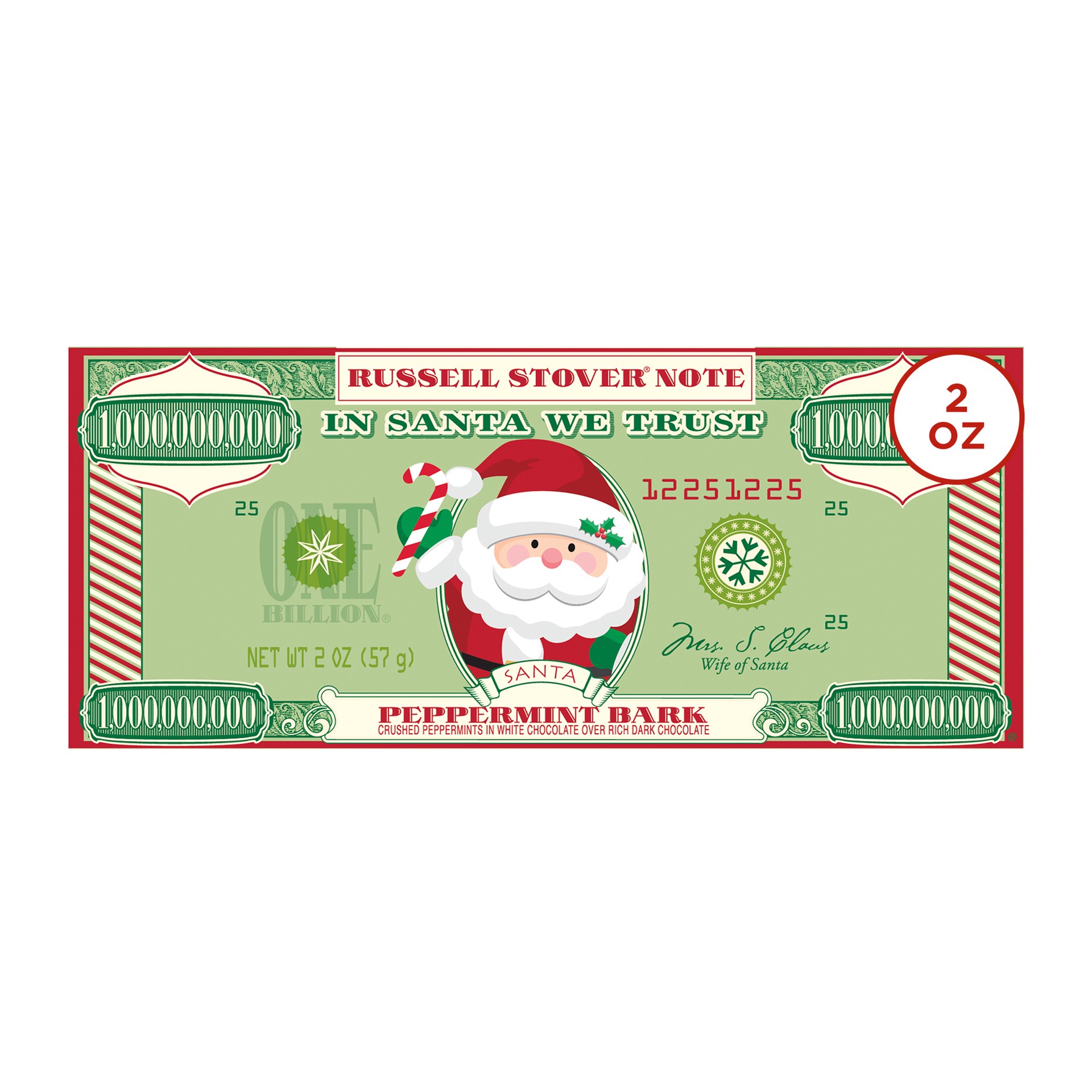 slide 1 of 3, RUSSELL STOVER Christmas Santa Peppermint Bark Money Bar, 2 oz. , 2 oz