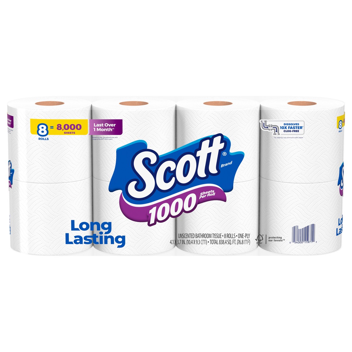 slide 1 of 1, Scott 1000 Toilet Paper, 8 Rolls, Septic-Safe, 1-Ply Toilet Tissue, 8 ct