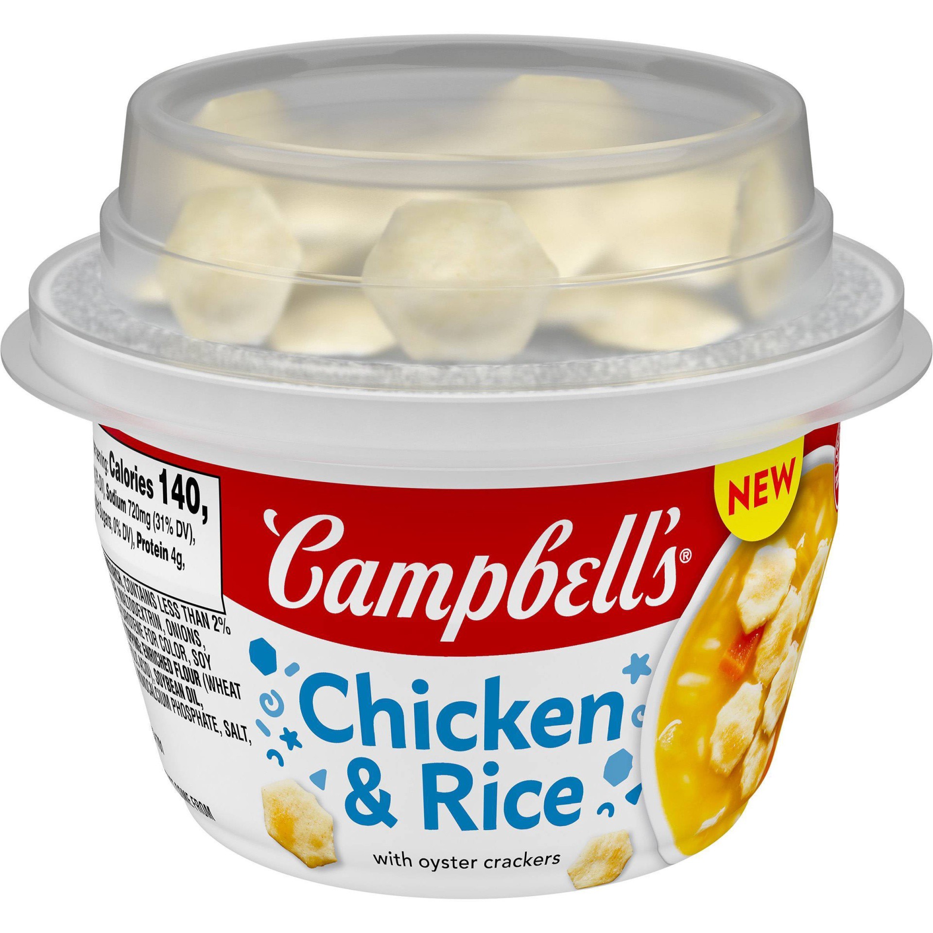 slide 1 of 6, Campbell's Chicken and Rice Soup with Oyster Crackers, 7.35 Oz Microwavable Bowl, 7.35 oz
