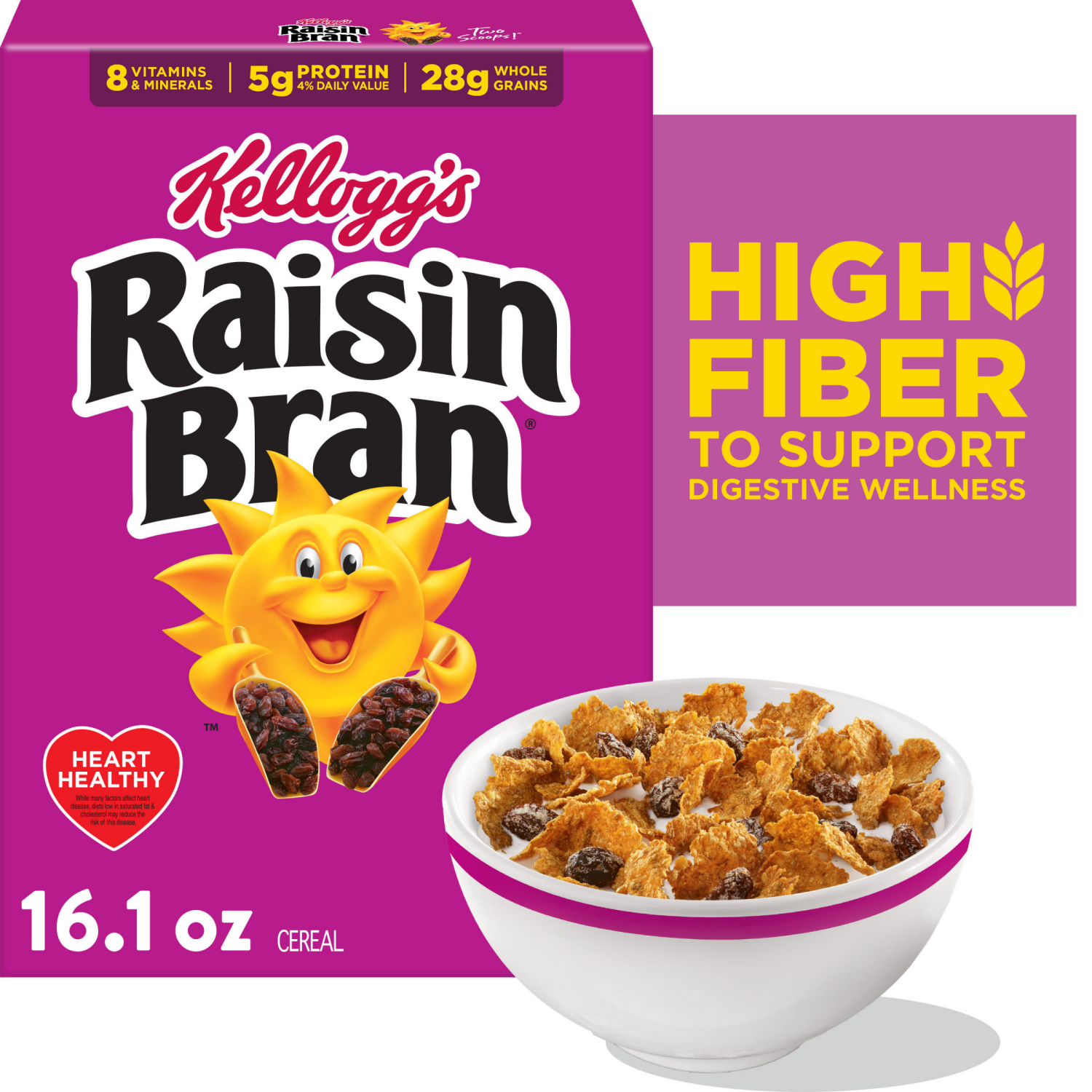 slide 1 of 8, Kellogg's Raisin Bran Breakfast Cereal, High Fiber Cereal, Original, 16.1oz Box, 16.1 oz