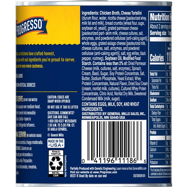 slide 9 of 9, Progresso Rich & Hearty, Three Cheese Tortellini in a Creamy Soup With Spinach, 18.5 oz., 18.5 oz