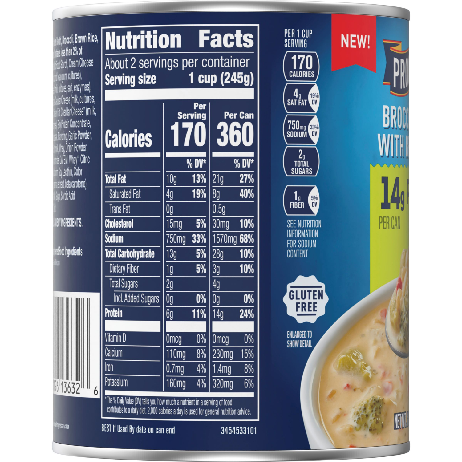 slide 3 of 5, Progresso Protein Broccoli Cheese With Brown Rice Soup, Gluten Free Canned Soup, 18 oz, 18 oz