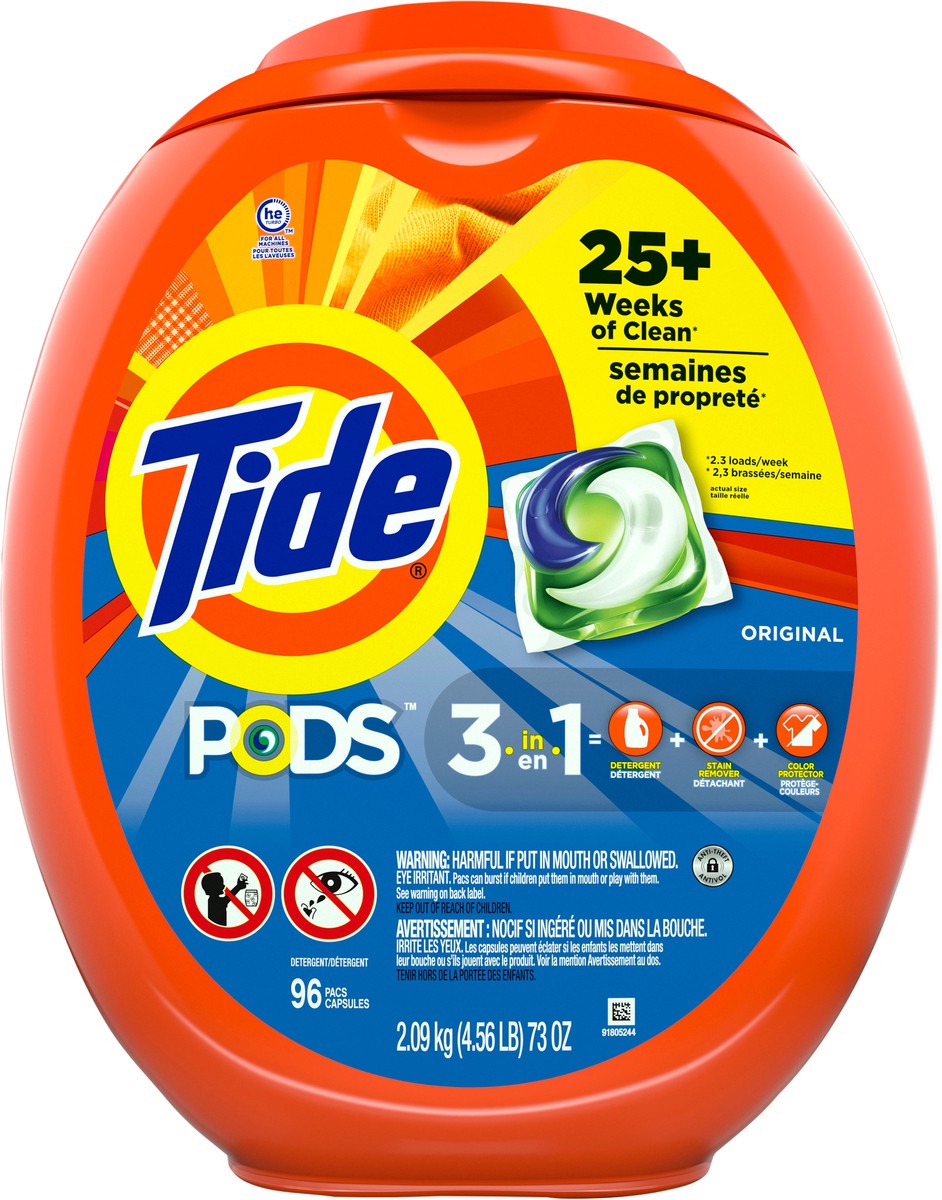 slide 3 of 8, Tide PODS Liquid Laundry Detergent Soap Pacs, HE Compatible, 96 Count, Powerful 3-in-1 Clean in one Step, Original Scent, 96 ct