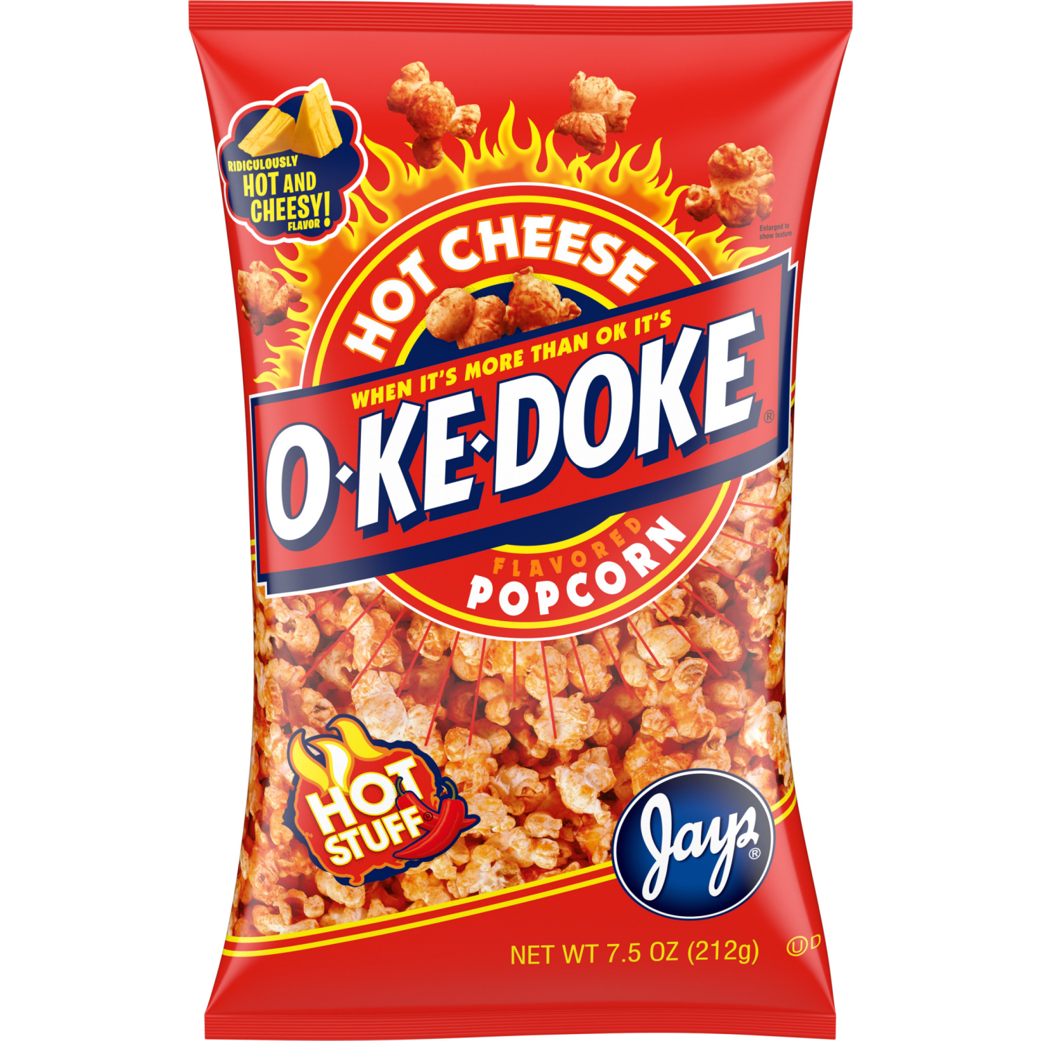 slide 1 of 5, O-Ke-Doke Hot Stuff Cheese Flavored Popcorn, 7.500 oz
