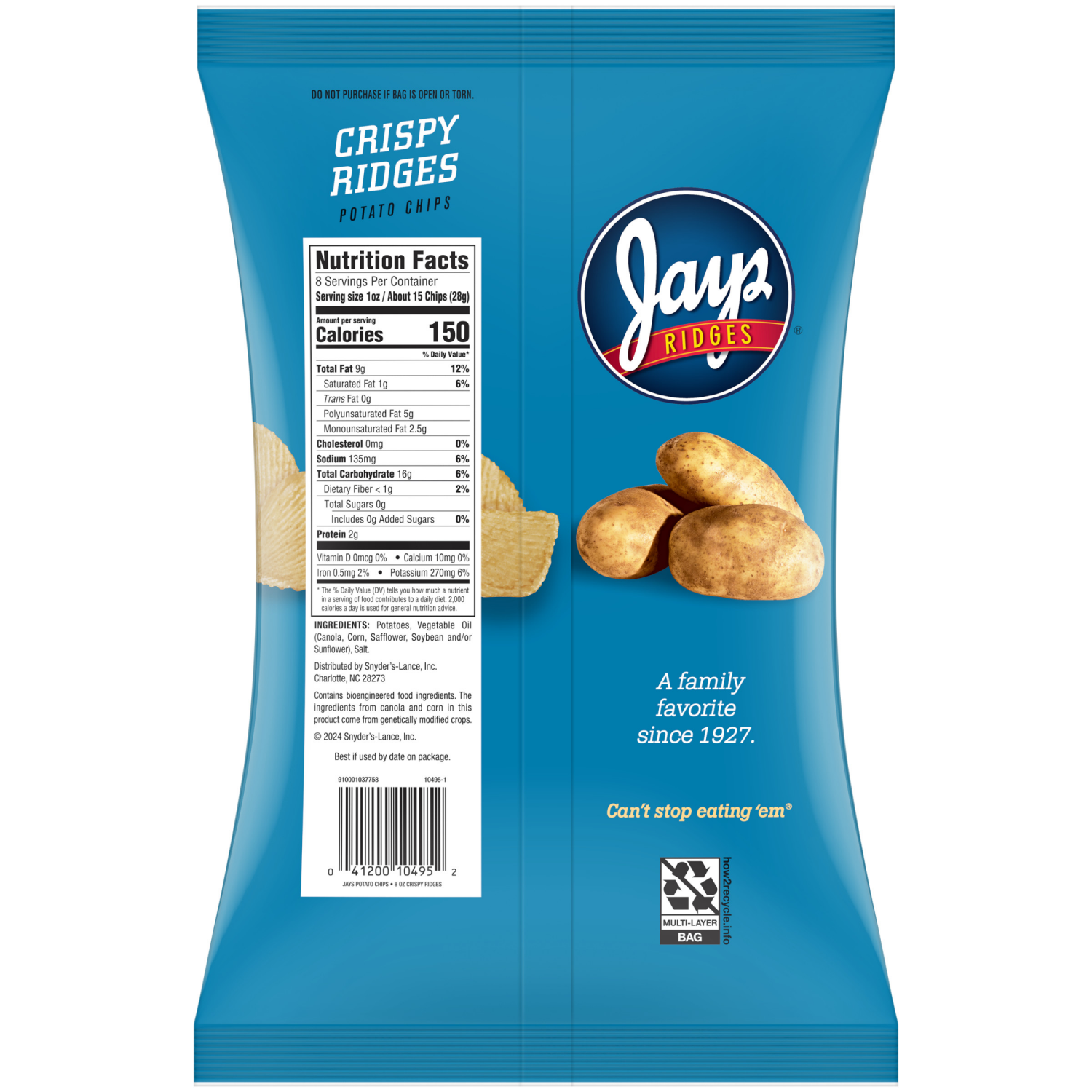 slide 2 of 2, Jays Ridges Crispy Ridges Potato Chips, 8 oz