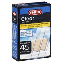H-E-B Antibacterial Clear Bandages - First Aid Antiseptic - Assorted Sizes