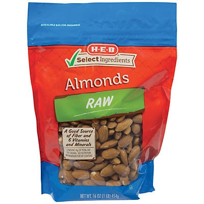 slide 1 of 1, H-E-B Select Ingredients Whole Natural Raw Almonds, 16 oz