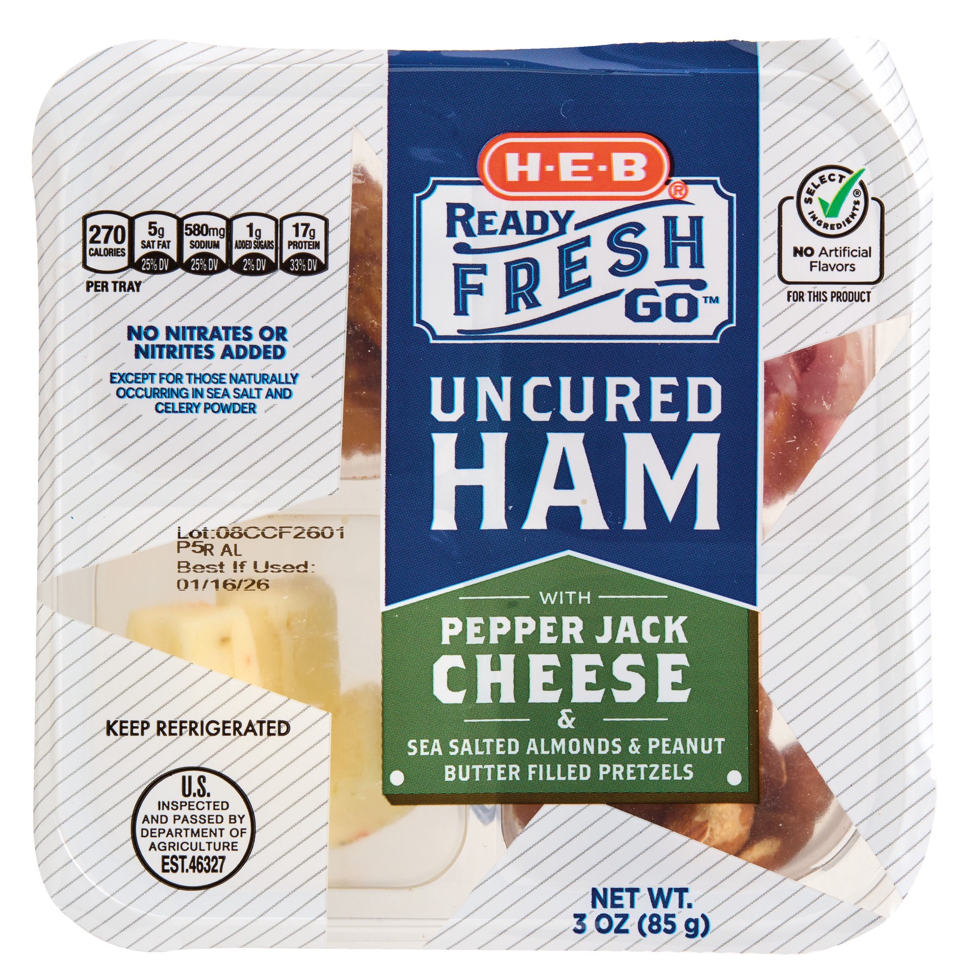 slide 1 of 1, H-E-B Ready, Fresh, Go! Snack Tray - Uncured Ham & Pepper Jack Cheese, 3 oz