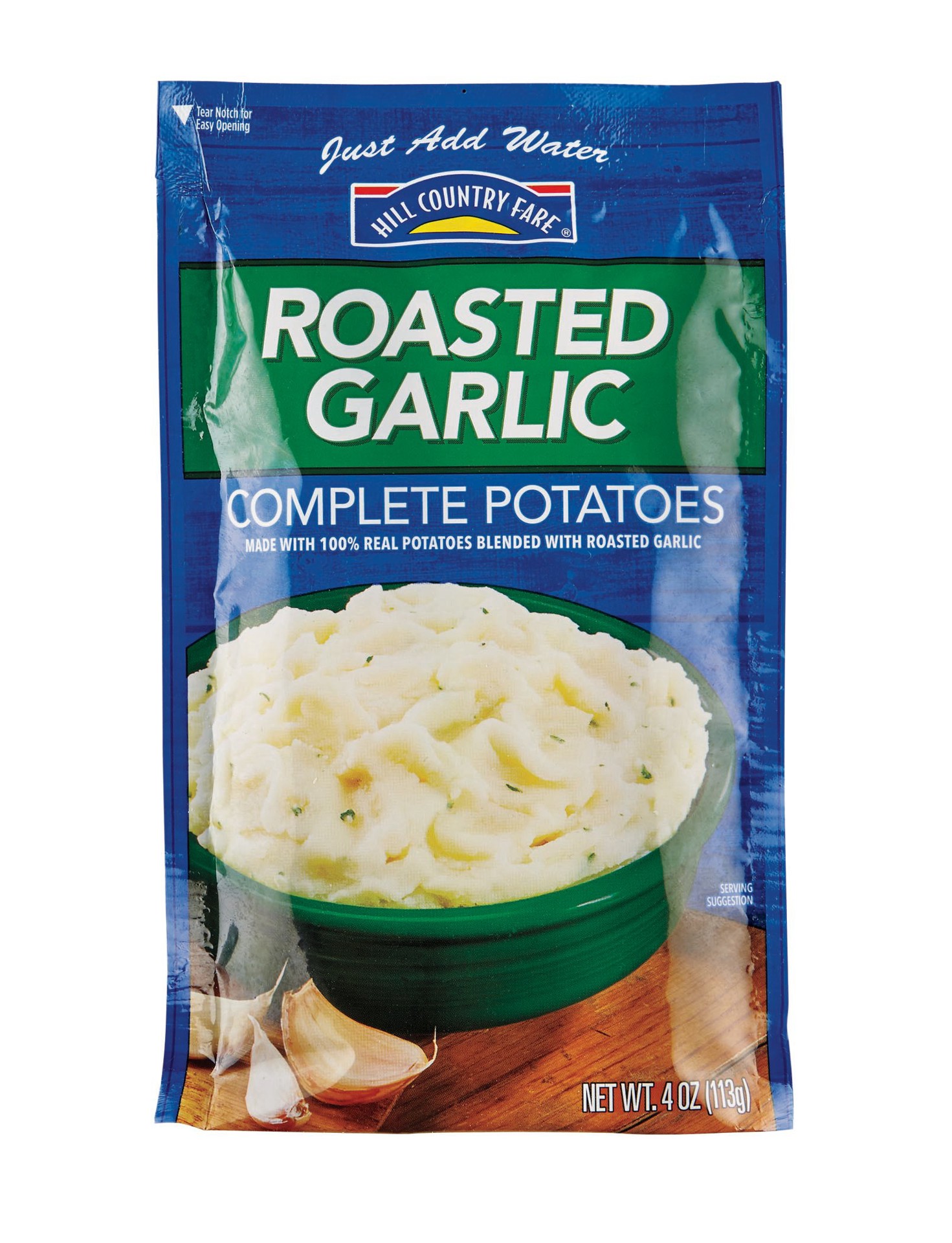 slide 1 of 1, Hill Country Fare Roasted Garlic Complete Potatoes, 4 oz