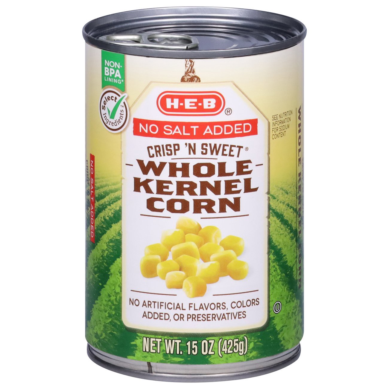 slide 1 of 1, H-E-B No Salt Added Crisp N' Sweet Whole Kernel Corn, 15 oz