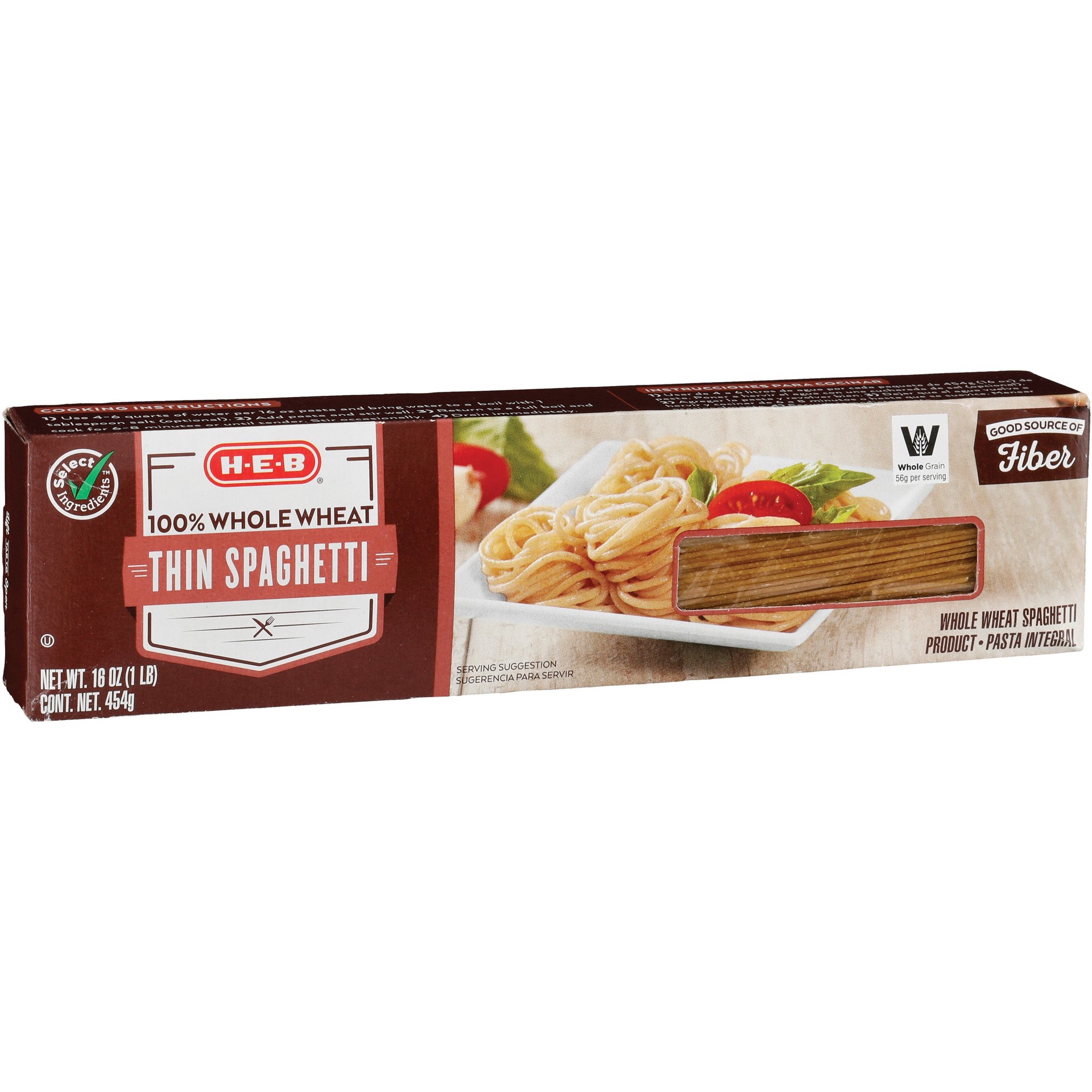 slide 1 of 1, H-E-B 100% Whole Wheat Thin Spaghetti Noodles, 16 oz