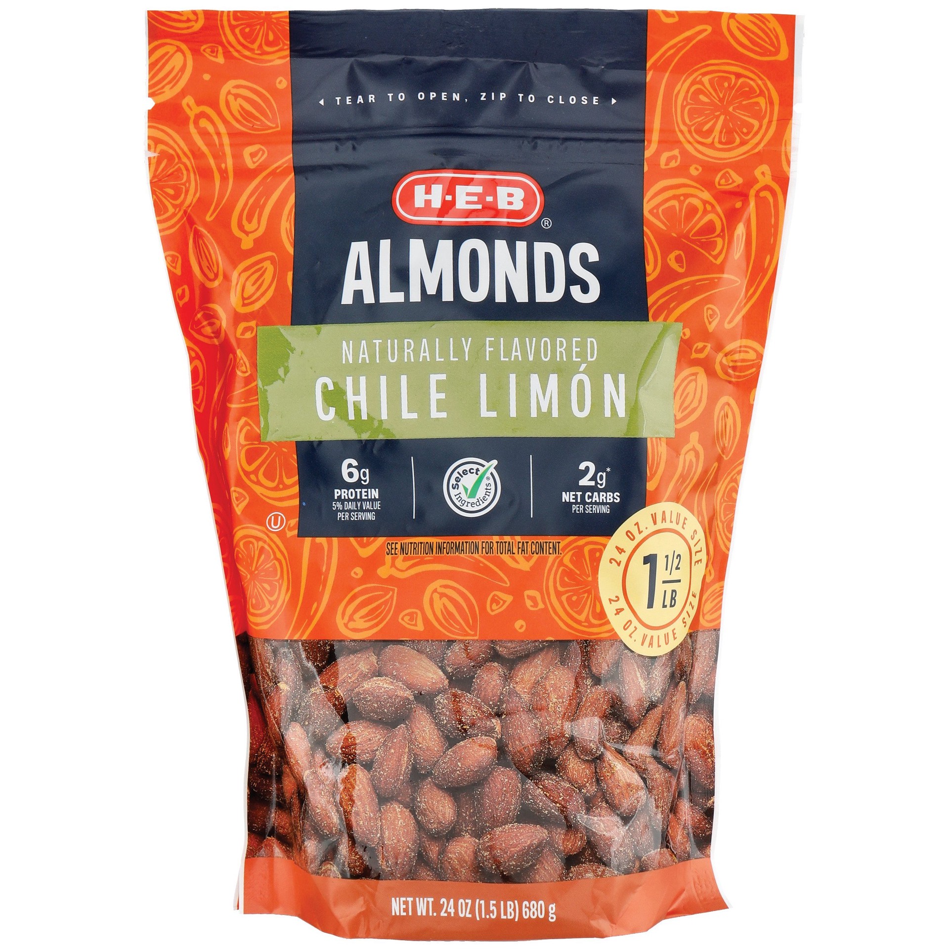 slide 1 of 1, H-E-B Chile Limón-Flavored Almonds, 24 oz