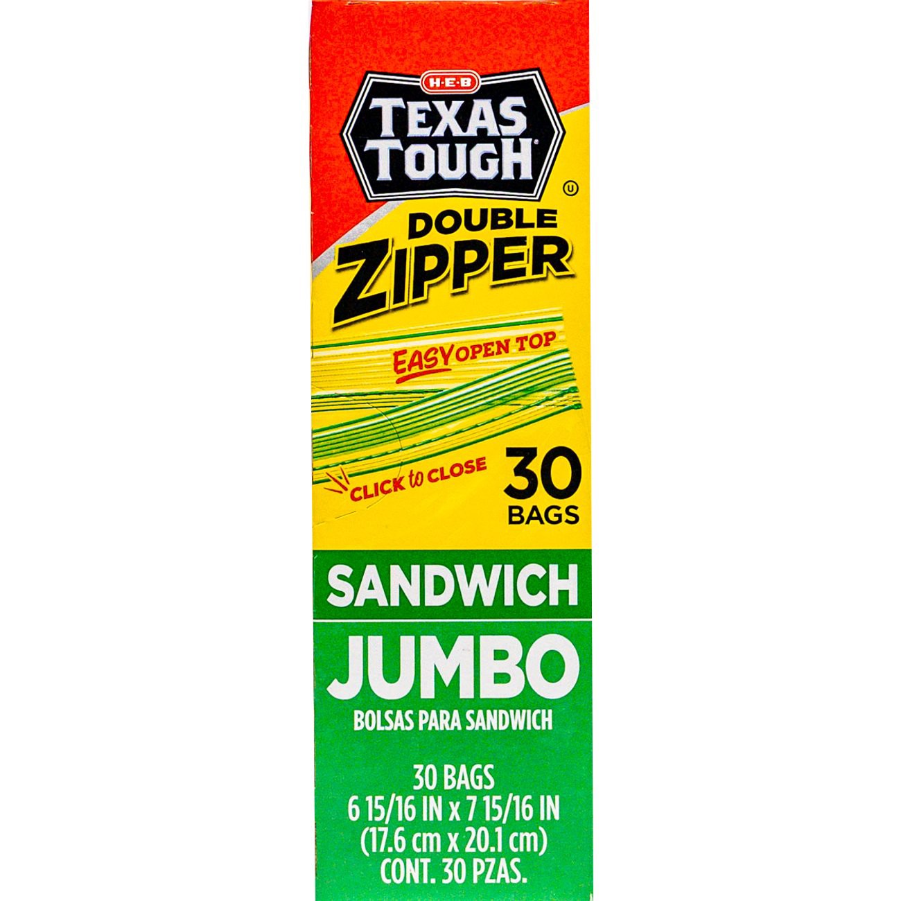 slide 1 of 1, H-E-B Texas Tough Double Zipper Sandwich Bags - Jumbo, 30 ct