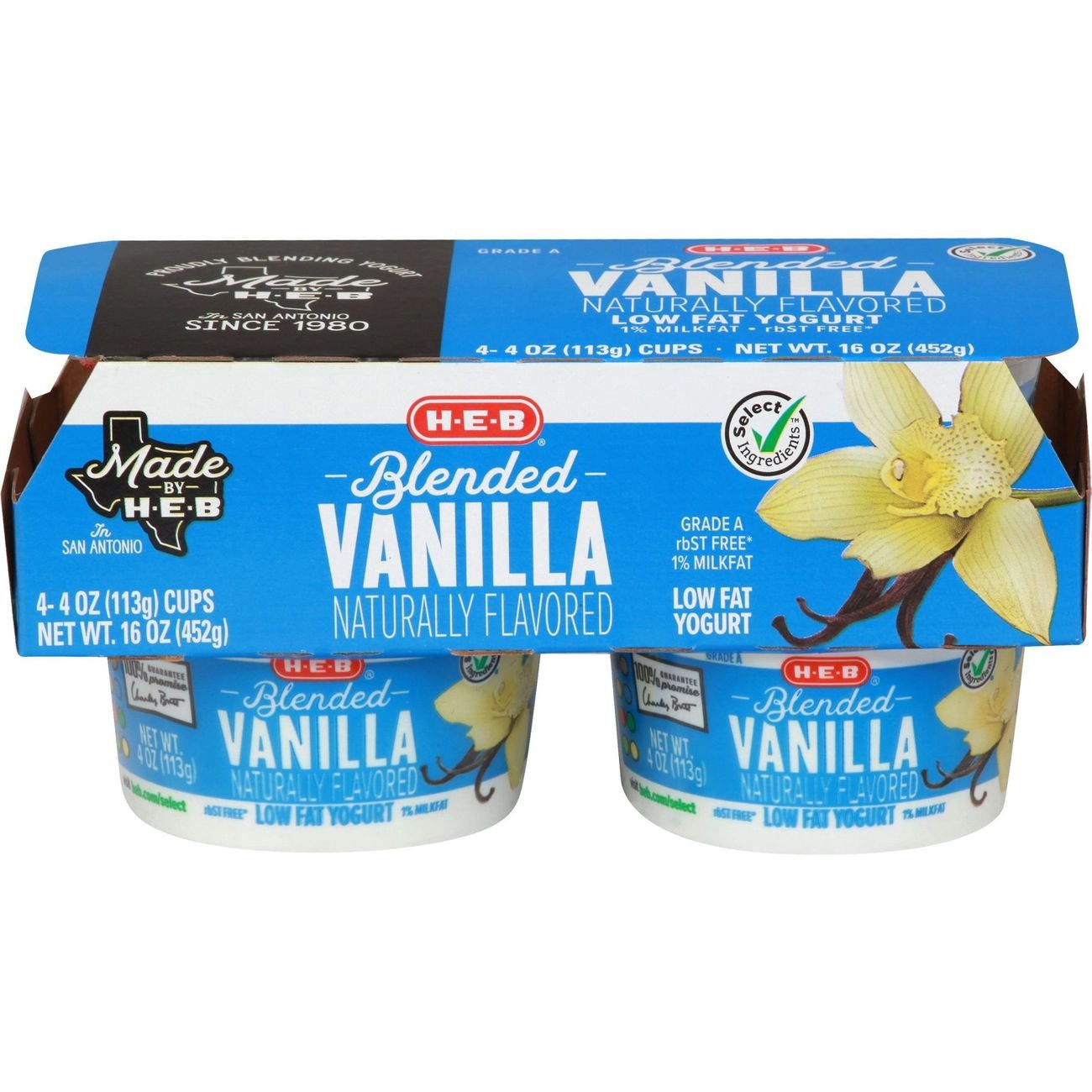 slide 1 of 1, H-E-B Blended Vanilla Low-Fat Yogurt, 4 ct