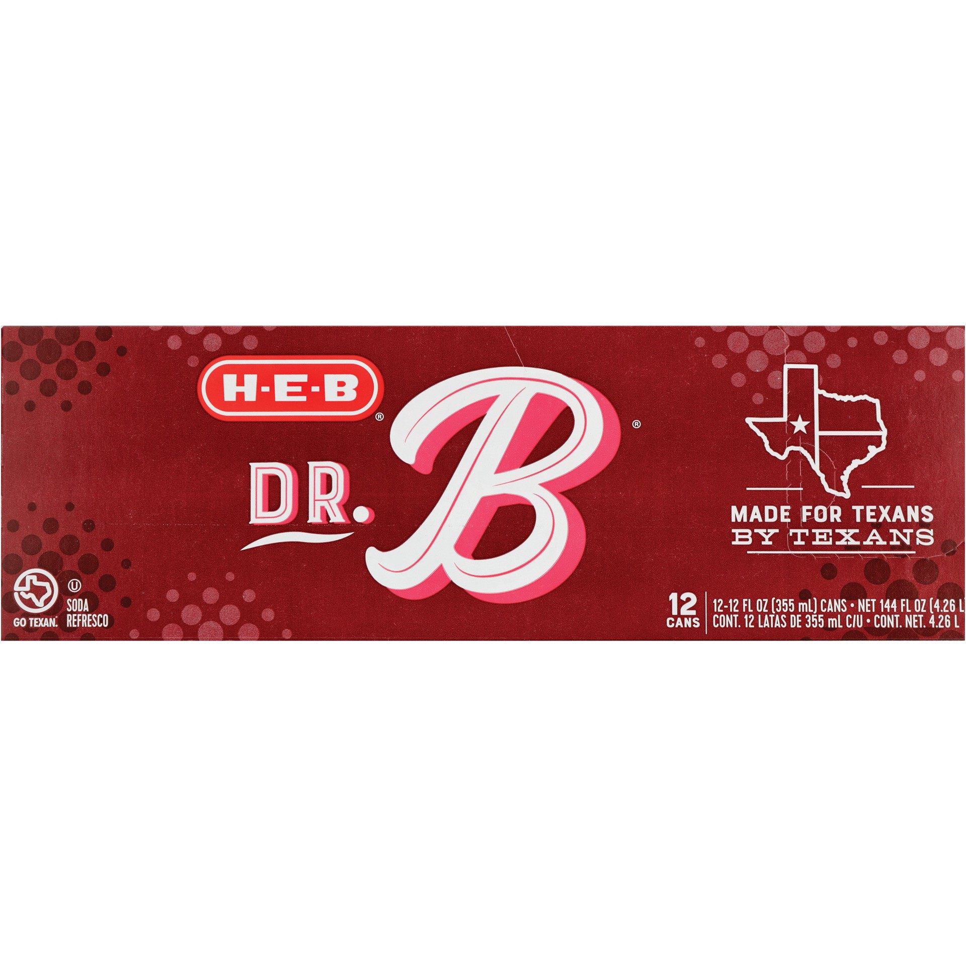 slide 1 of 1, H-E-B Dr. B Soda 12 pk Cans, 12 oz