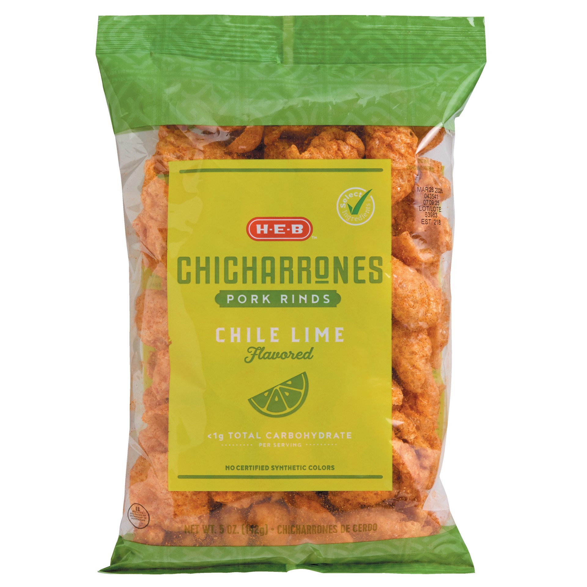 slide 1 of 1, H-E-B Chicharrones Pork Rinds - Chile Lime, 5 oz