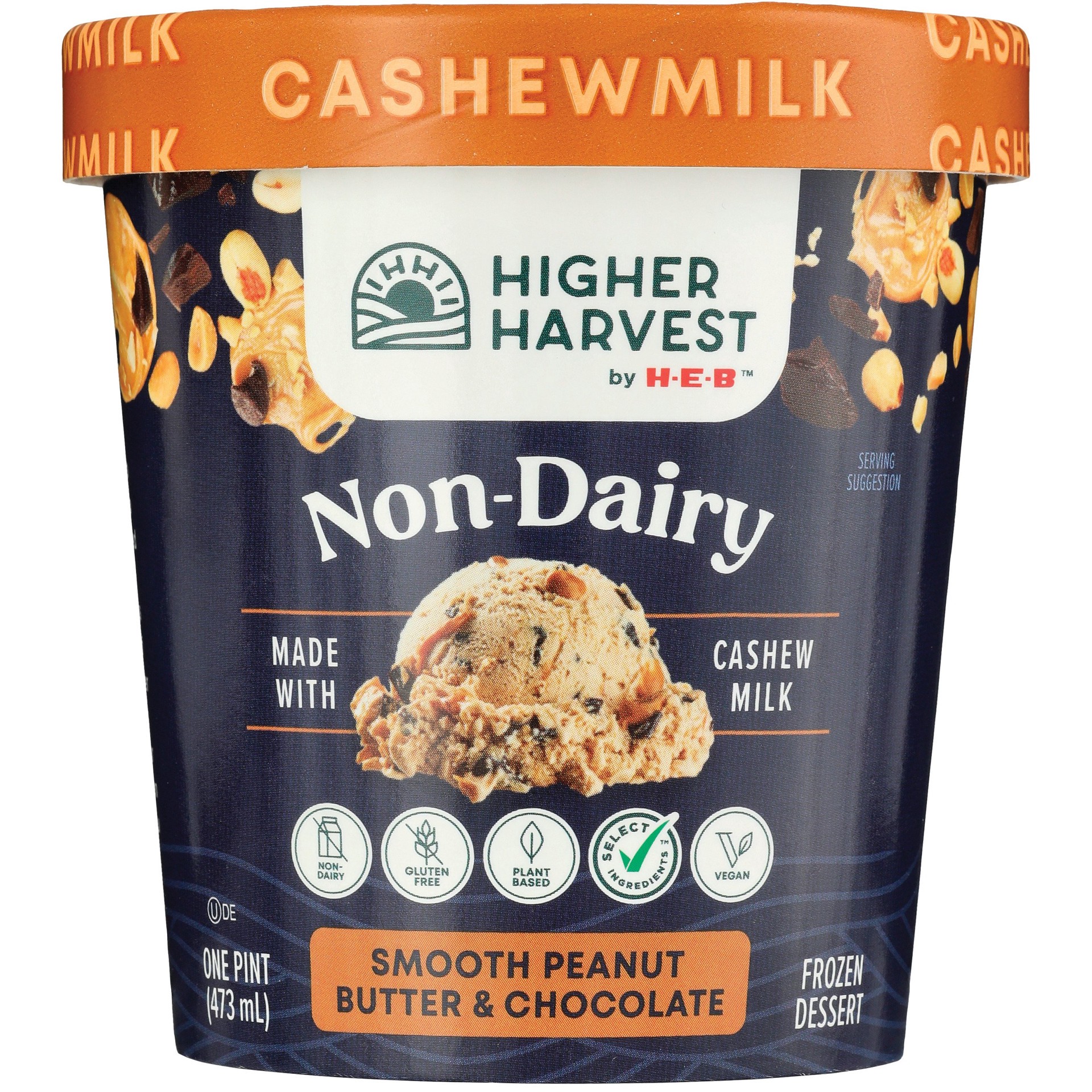 slide 1 of 1, Higher Harvest by H-E-B Non-Dairy Frozen Dessert - Smooth Peanut Butter & Chocolate, 1 pint