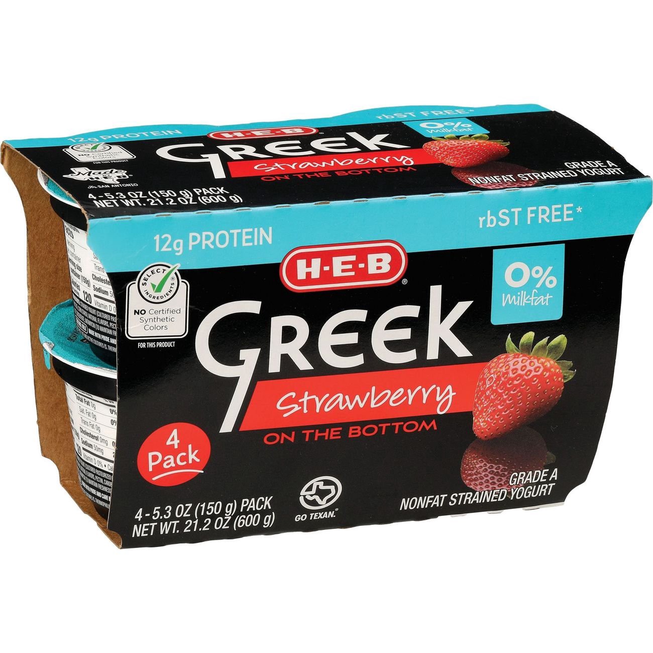 slide 1 of 1, H-E-B 12g Protein Nonfat Greek Yogurt - Strawberry on the Bottom, 4 ct