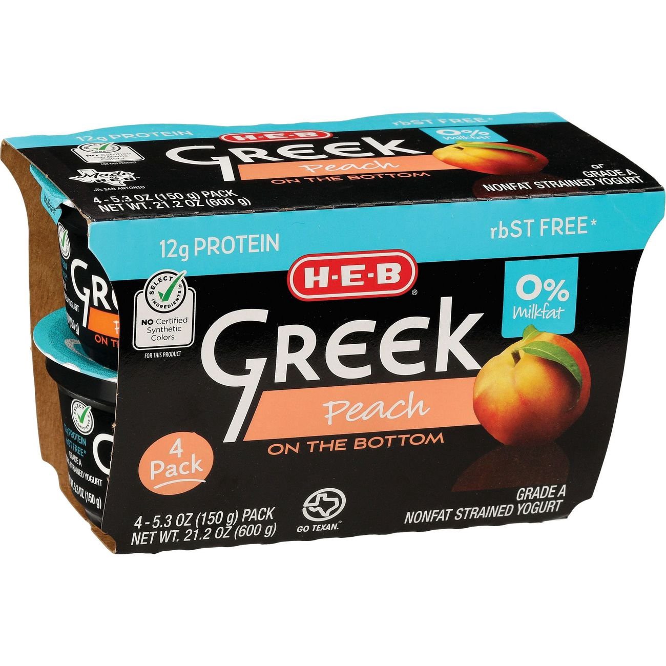 slide 1 of 1, H-E-B 12g Protein Nonfat Greek Yogurt - Peach on the Bottom, 4 ct
