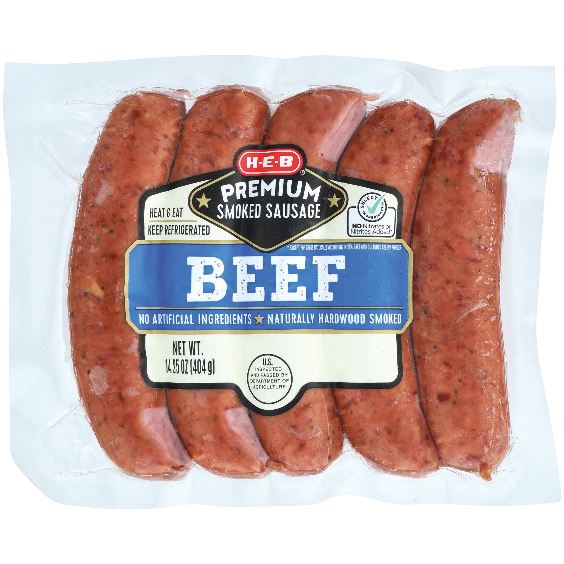slide 1 of 1, H-E-B Premium Beef Smoked Sausage Links, 5 ct