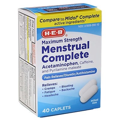 slide 1 of 1, H-E-B Menstrual Complete Maximum Strength Multi-Symptom Caplets, 40 ct