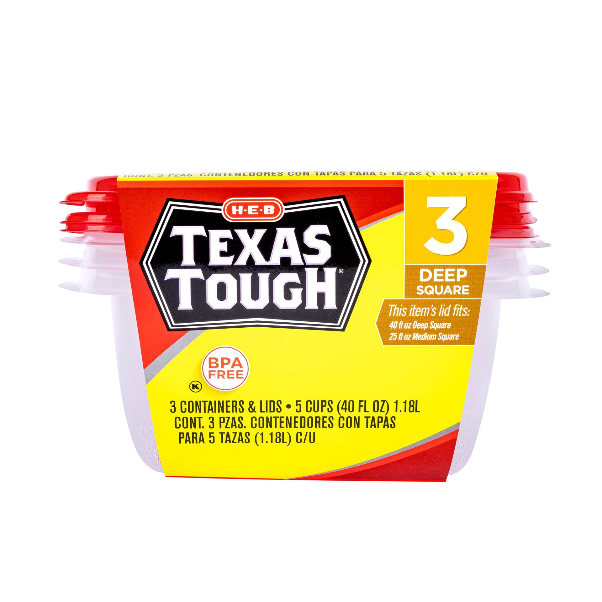 slide 1 of 1, H-E-B Texas Tough Deep Square Food Storage Containers & Lids, 3 pk, 40 oz