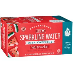H-E-B Unsweetened Caffeinated Sparkling Water 8 pk Cans - Watermelon
