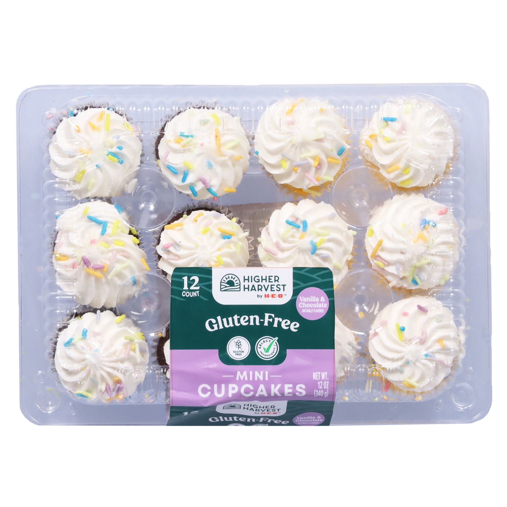 slide 1 of 1, Higher Harvest by H-E-B Gluten Free Mini Cupcakes - Chocolate & Vanilla, 12 ct