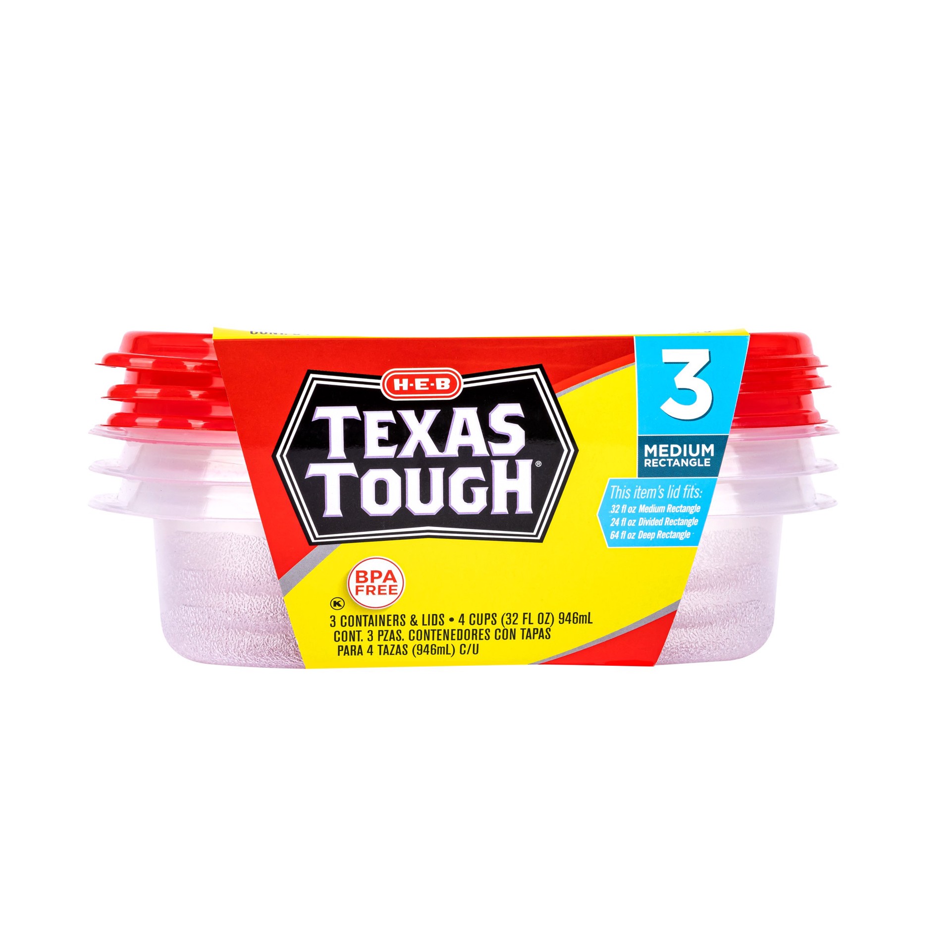 slide 1 of 1, H-E-B Texas Tough Medium Rectangle Food Storage Containers & Lids, 3 pk, 32 oz