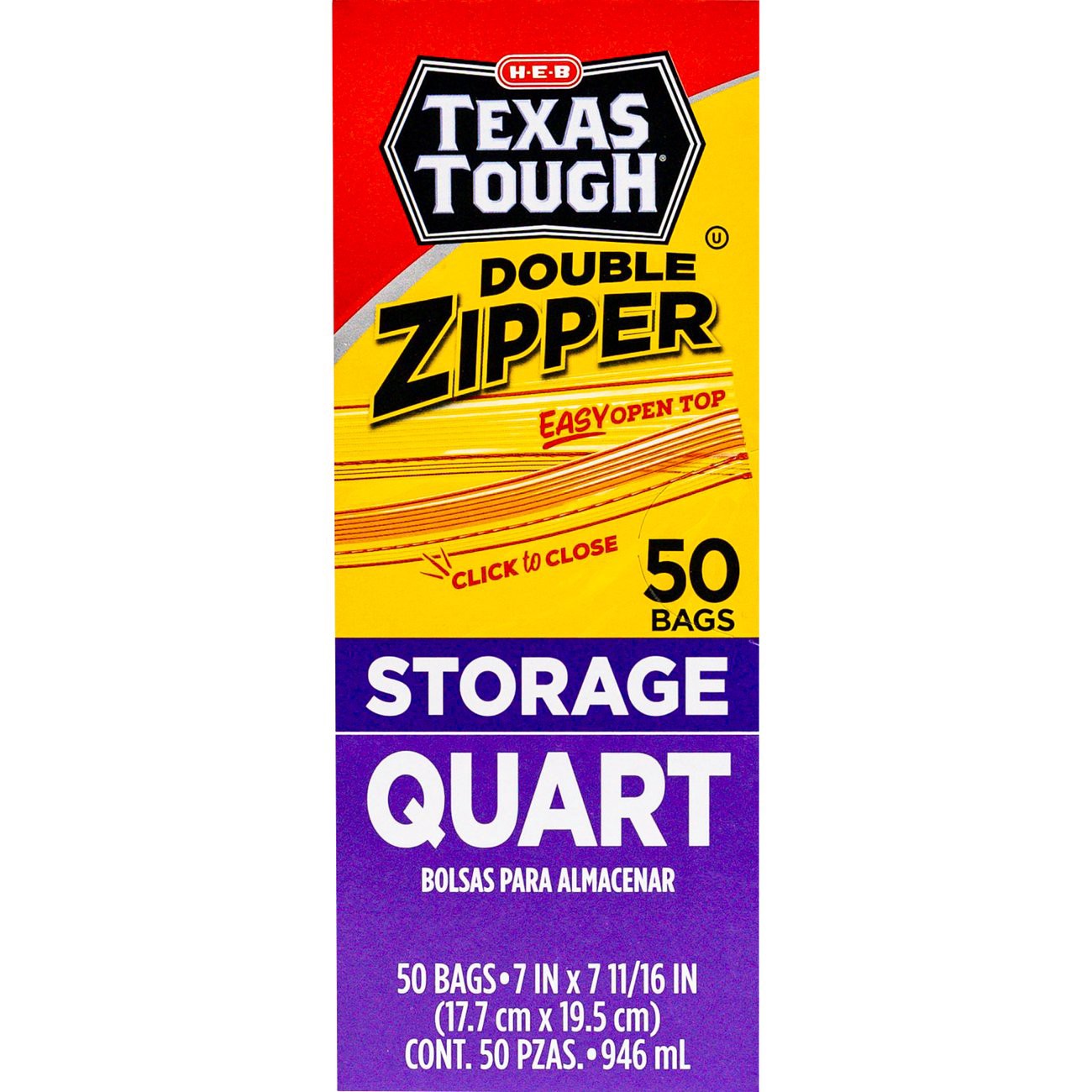slide 1 of 1, H-E-B Texas Tough Double Zipper Quart Storage Bags, 50 ct