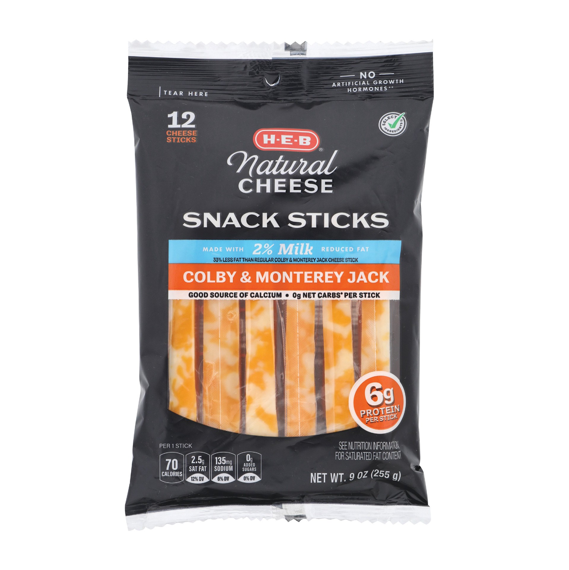 slide 1 of 1, H-E-B Reduced Fat Colby & Monterey Jack Cheese Sticks, 12 ct, 9 oz