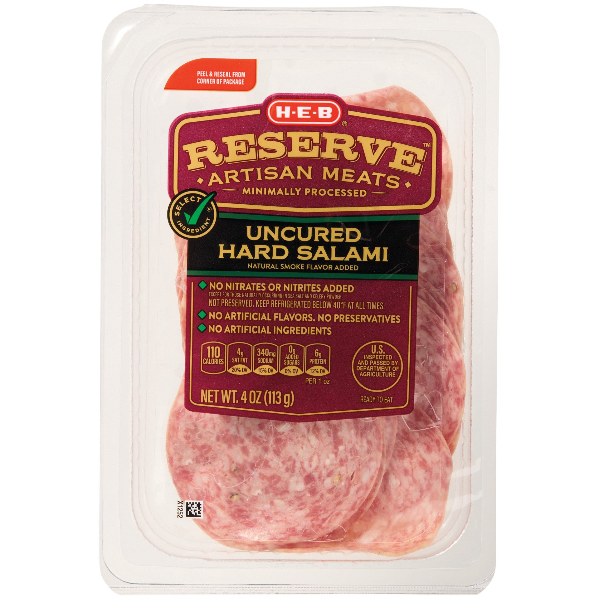 slide 1 of 1, H-E-B Reserve Uncured Hard Salami Lunch Meat, 4 oz