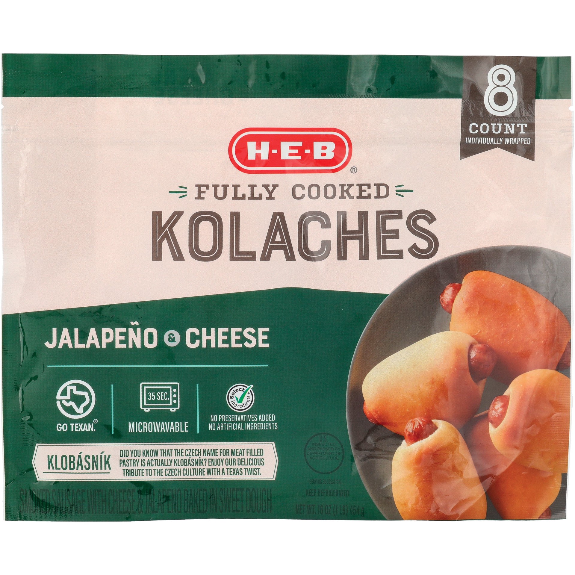slide 1 of 1, H-E-B Fully Cooked Jalapeno Cheese Sausage Kolaches, 8 ct