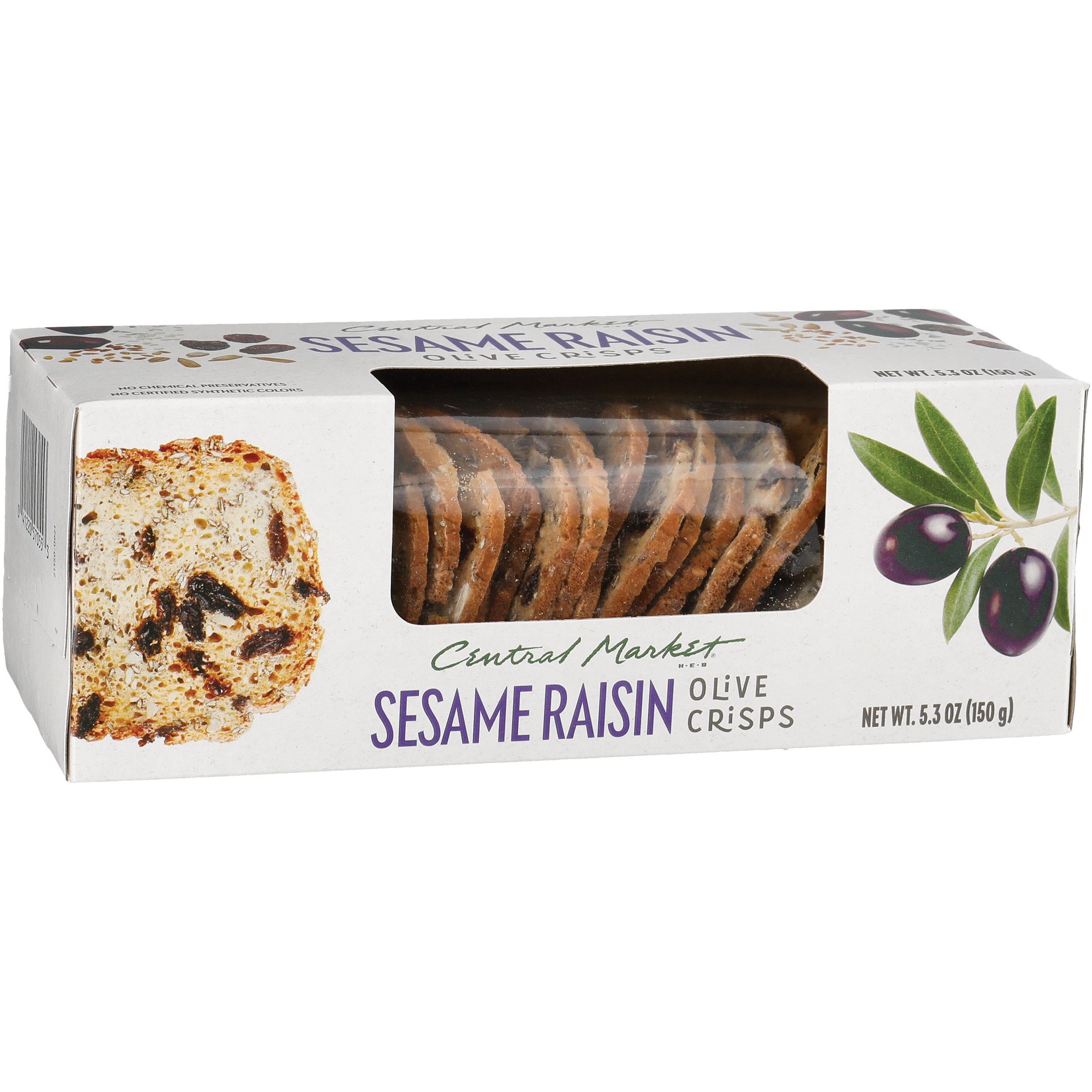 slide 1 of 1, Central Market Sesame Raisin Olive Crisps, 5.3 oz