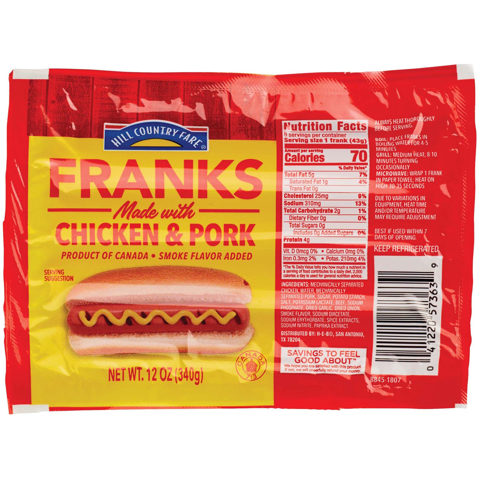 slide 1 of 1, Hill Country Fare Franks Hot Dogs, 8 ct
