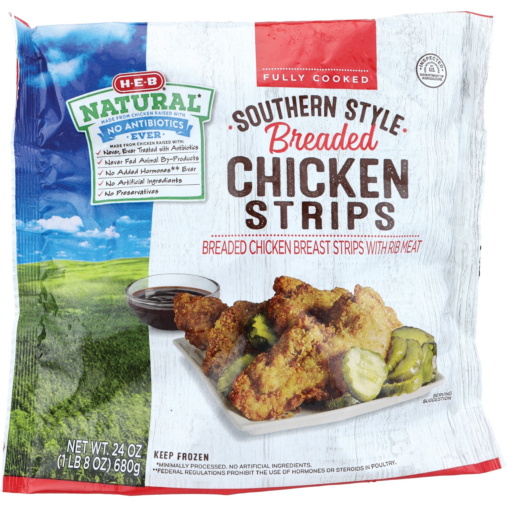 slide 1 of 1, H-E-B Natural Fully Cooked Frozen Southern Style Breaded Chicken Strips, 24 oz