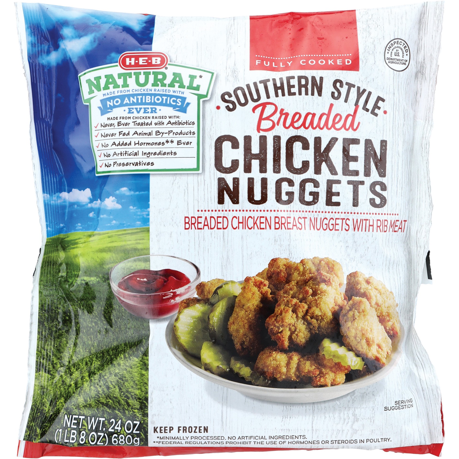 slide 1 of 1, H-E-B Natural Fully Cooked Frozen Southern Style Breaded Chicken Nuggets, 24 oz