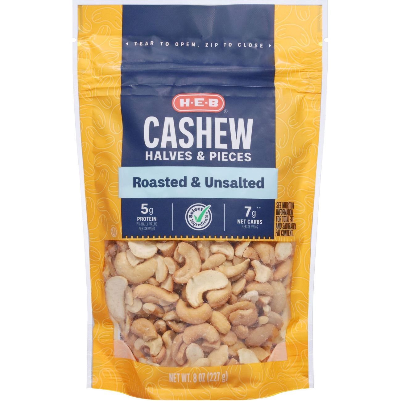 slide 1 of 1, H-E-B Unsalted Roasted Cashew Halves & Pieces, 8 oz